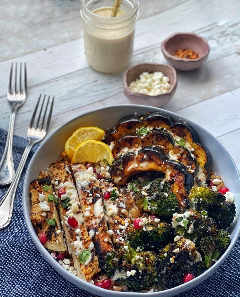 Farro Bowls with Charred Vegetables and Garlic-Tahini Dressing
