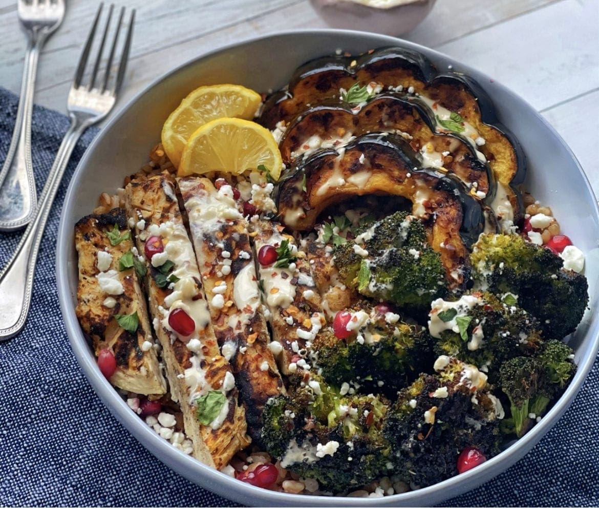 Farro Bowls with Roasted Charred Vegetables and Garlic-Tahini Dressing
