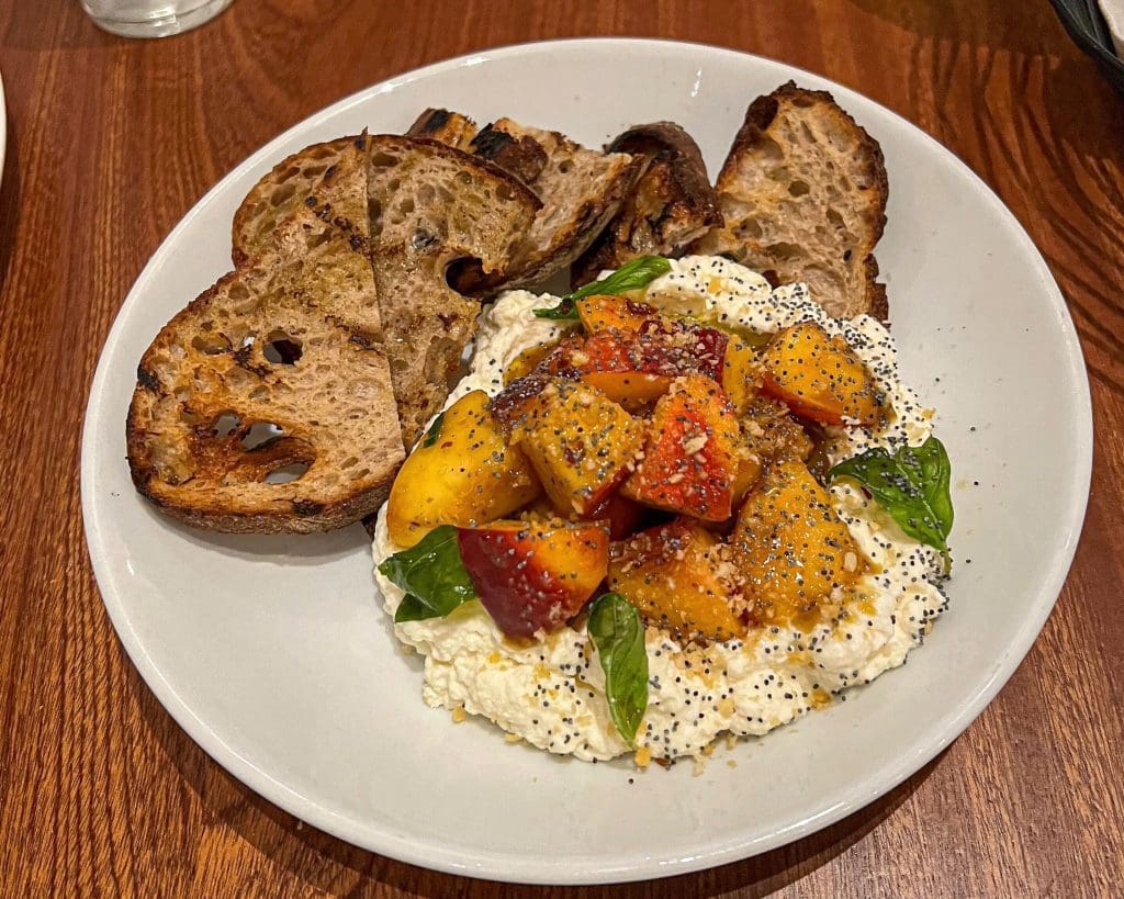 Jersey Girl Ricotta, Peaches, Grilled Bread, Poppy Seeds