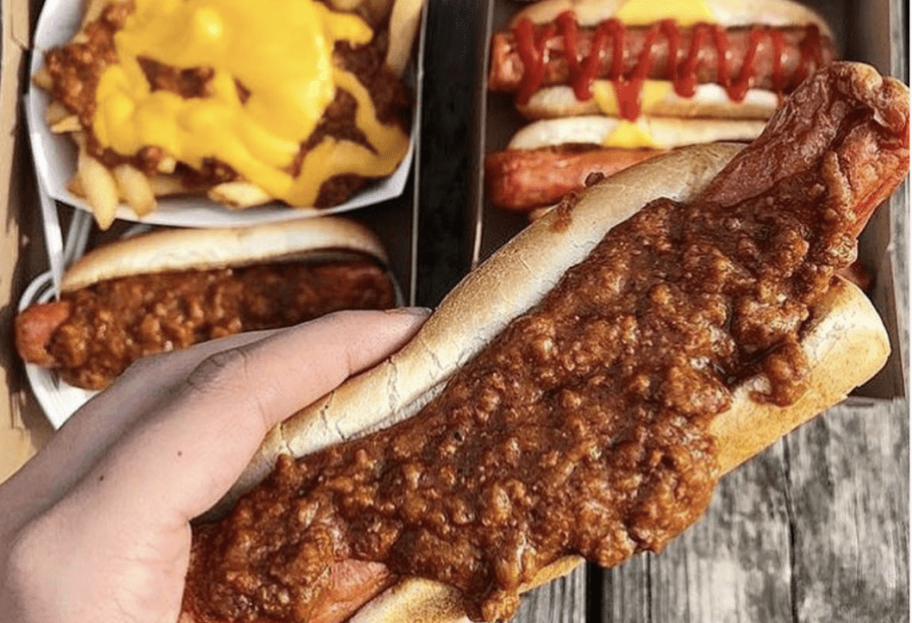 Chili hot dog, hot dog with ketchup and chili cheese fries. 