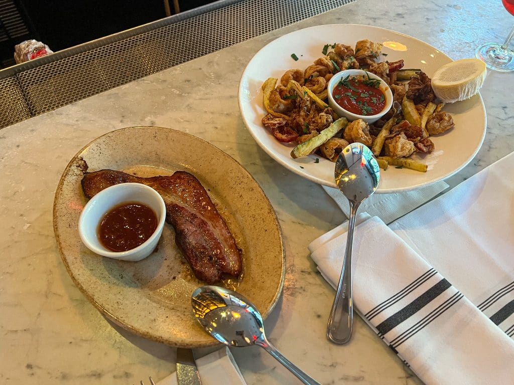 Slab bacon on left, fritto misto on right