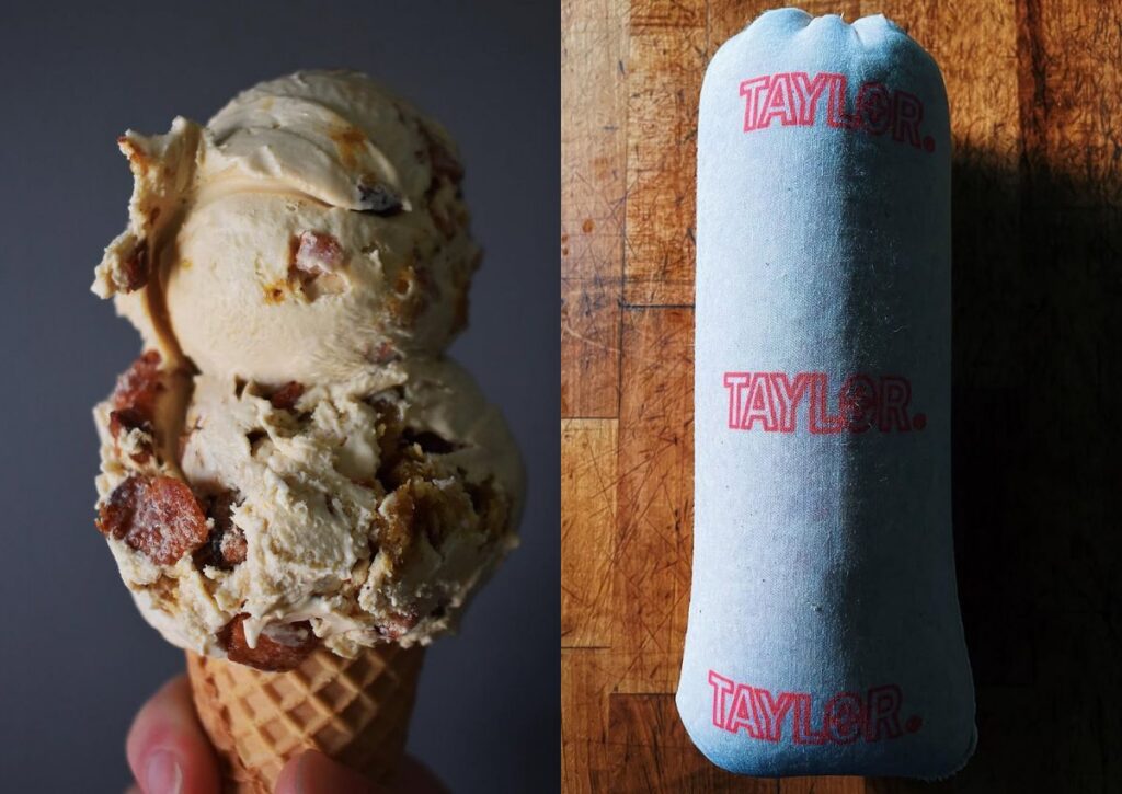 Taylor ham french toast ice cream cone and a log of Taylor Ham