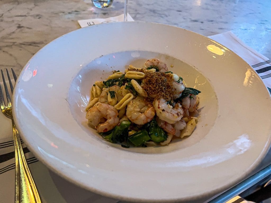 Cavatelli with shrimp, broccolini and mint