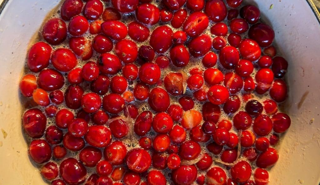 cranberry sauce simmering in a pot