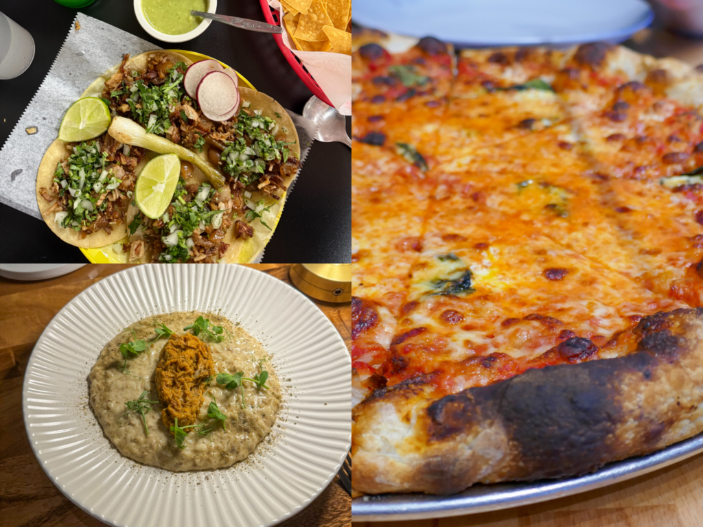 The best things I ate in 2024. Pictured is: Plain pie from Pizzeria lucci, risotto from Fiorentini and tacos from Tacos Polo