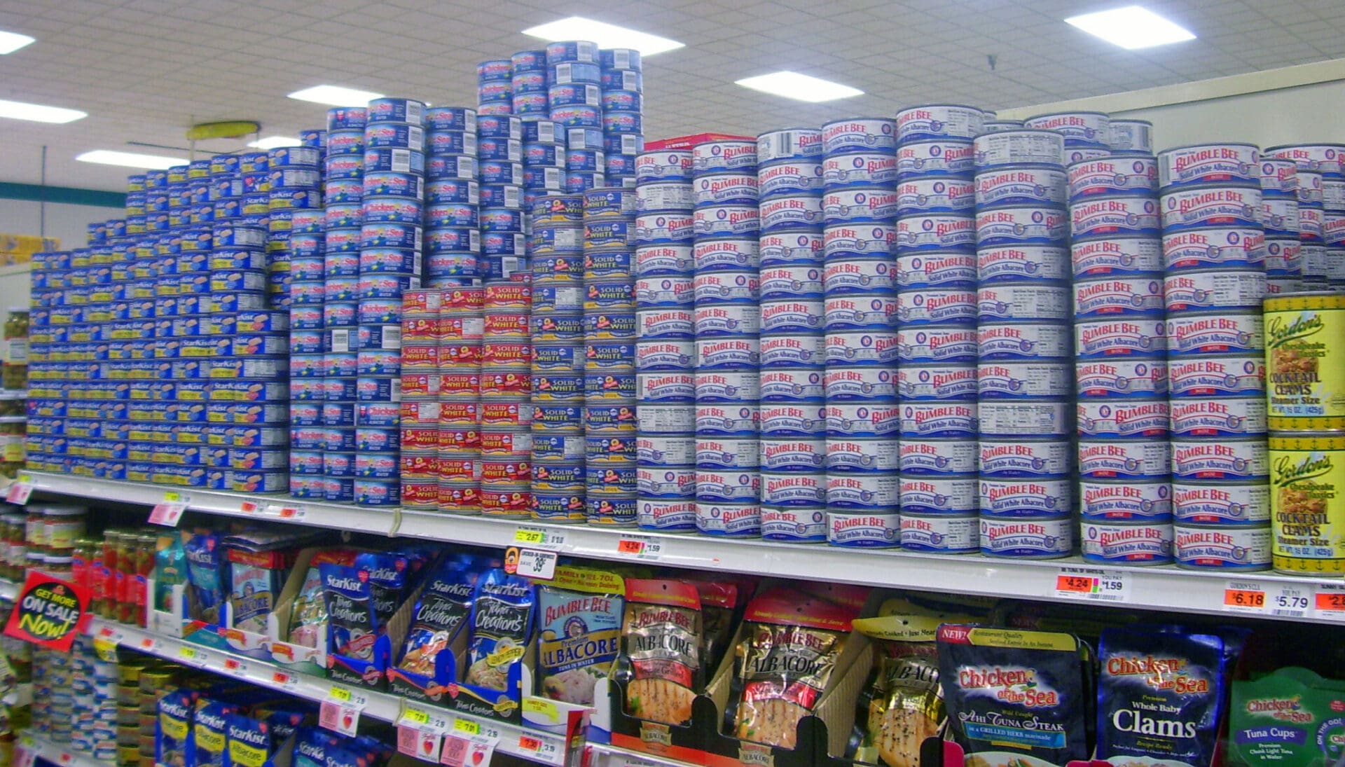 packaged tuna on supermarket shelves