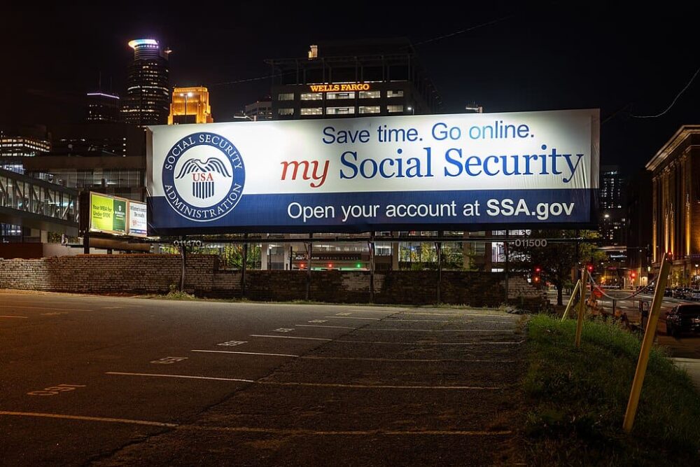 A Social Security Administration (SSA) billboard as seen in downtown Minneapolis, Wikimedia Commons