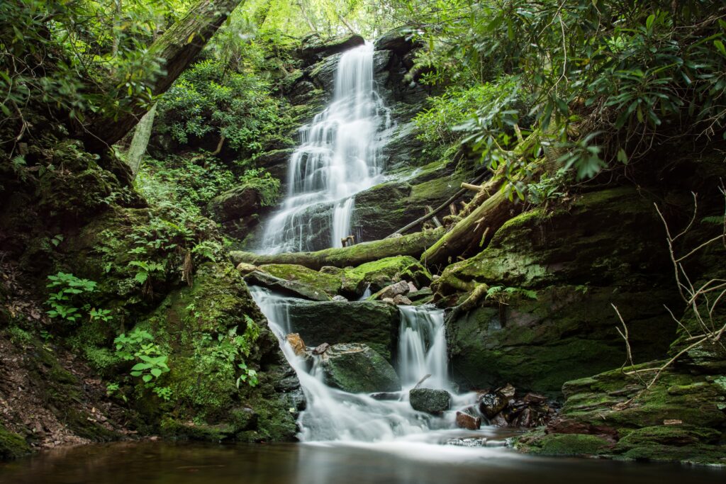 Silver Spray Falls cascading over moss-covered rocks in the Delaware Water Gap National Recreation Area, New Jersey