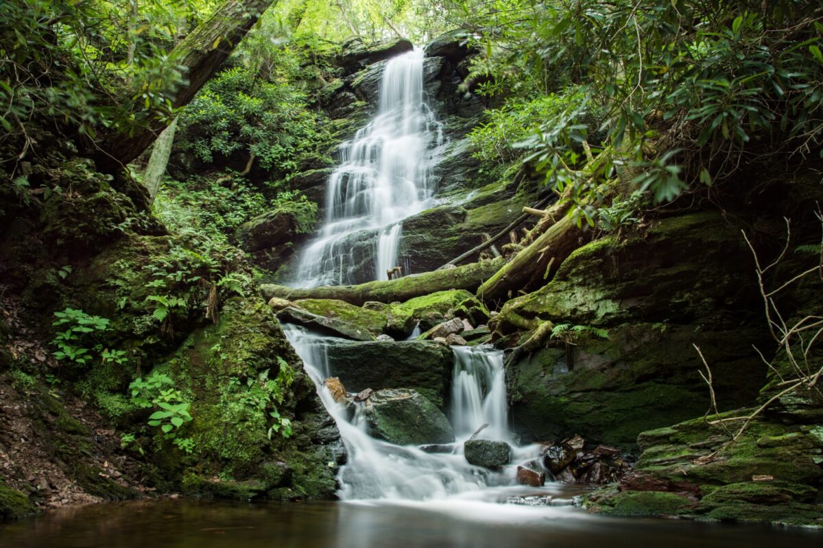 Silver Spray Falls cascading over moss-covered rocks in the Delaware Water Gap National Recreation Area, New Jersey