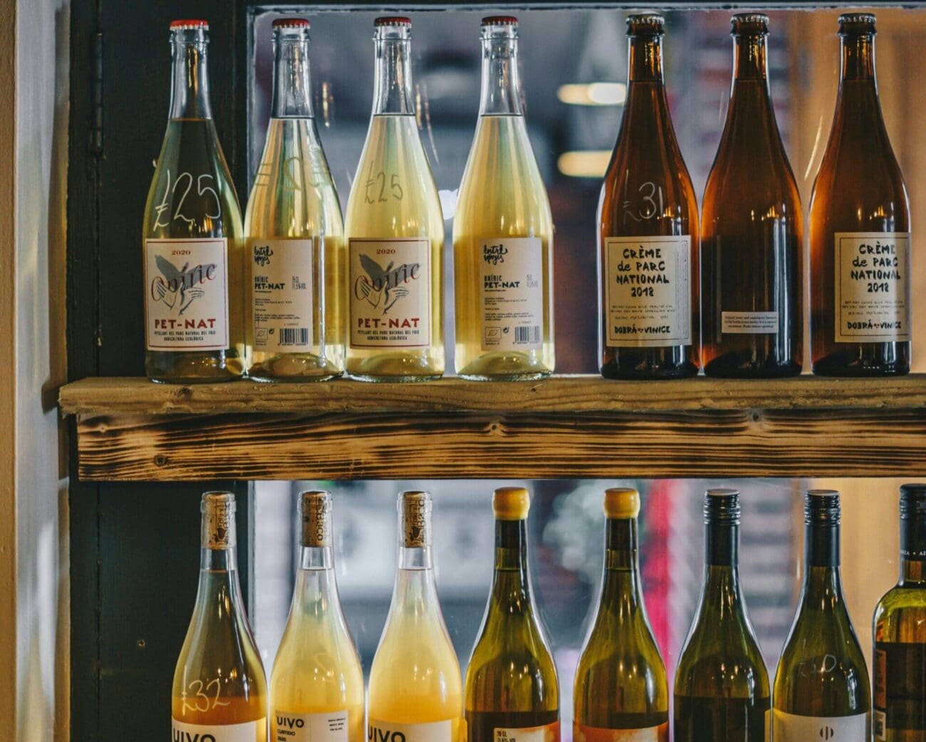 natural wine bottles on shelf