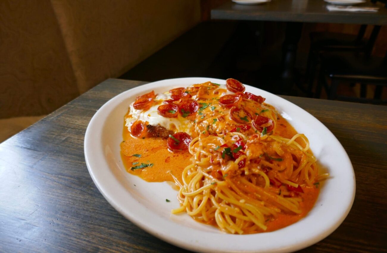 Vodka Chicken Parm with crispy pepperoni cups at Russillo in Caldwell