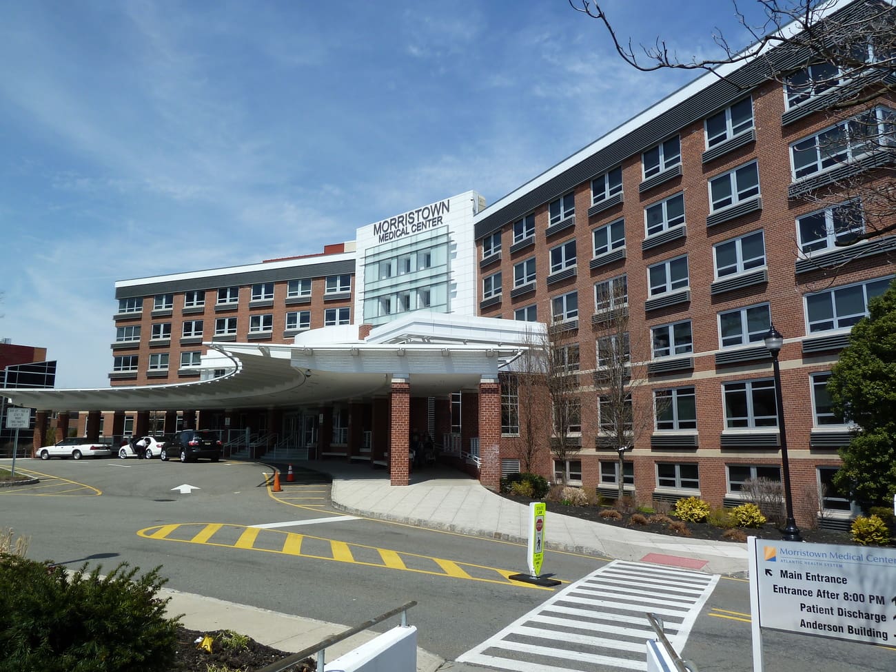 Exterior view of Morristown Medical Center main entrance in Morristown, New Jersey.