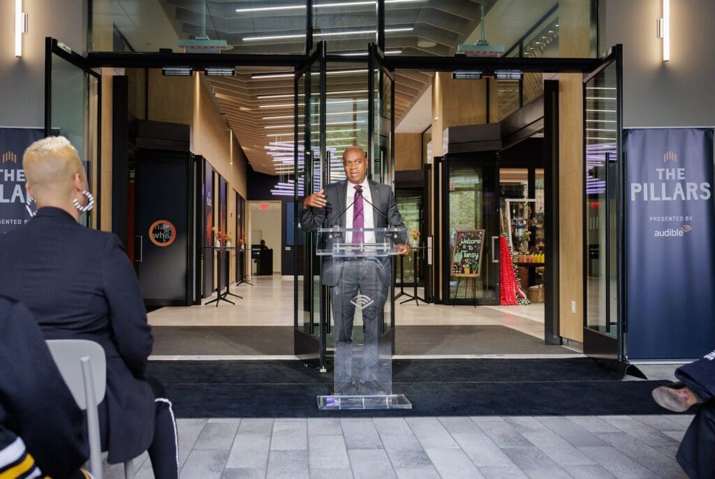 Mayor Ras Baraka speaks a The Pillars grand opening