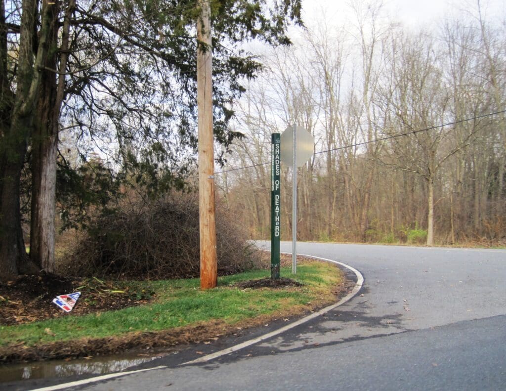 Shades of Death Road sign at Rydell Road in Allamuchy Township, New Jersey