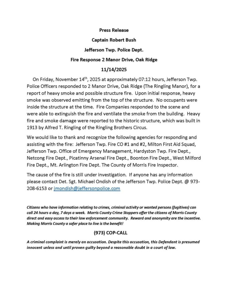 Statement released by Jefferson Township Police Department
