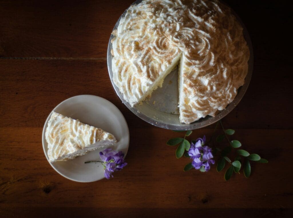 A slice of coconut cream pie