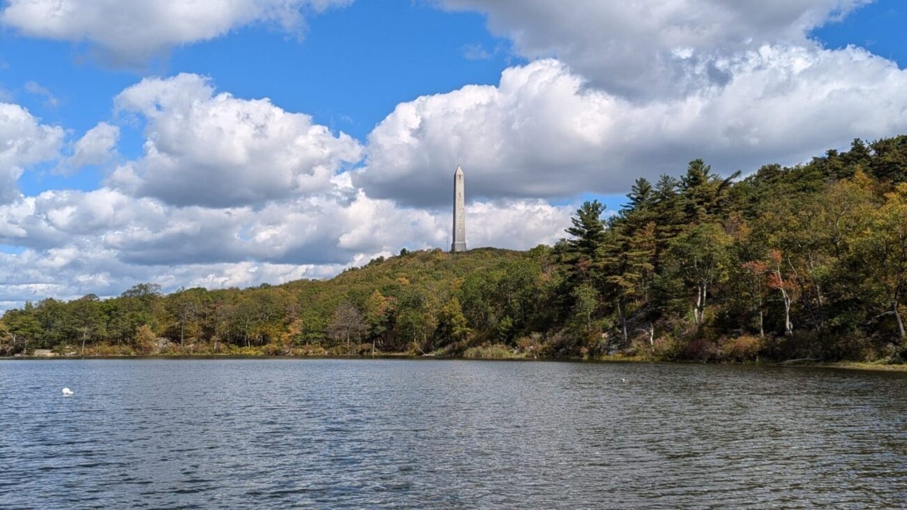A view of the memorial that sits atop High Point State Park - best mountain towns in NJ