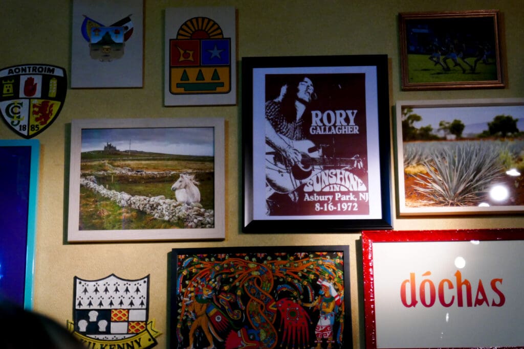 Mexican art and Irish posters line the walls at San Patricios