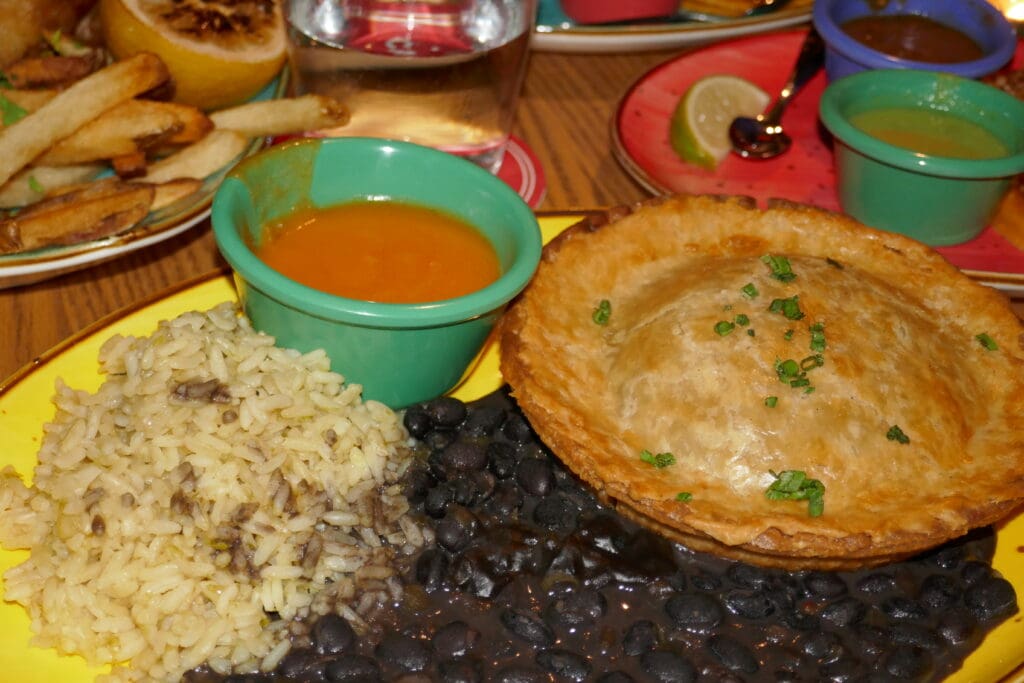 Chicken tinga pot pie, rice and beans