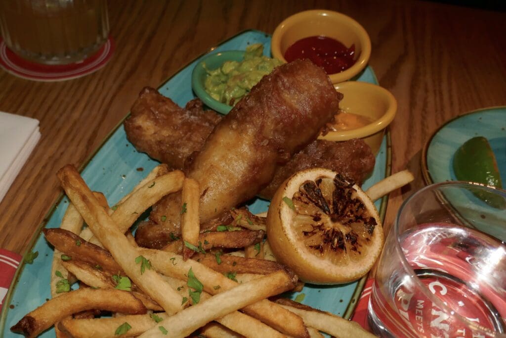 fish and chips, guacamole and chipotle tartar sauce