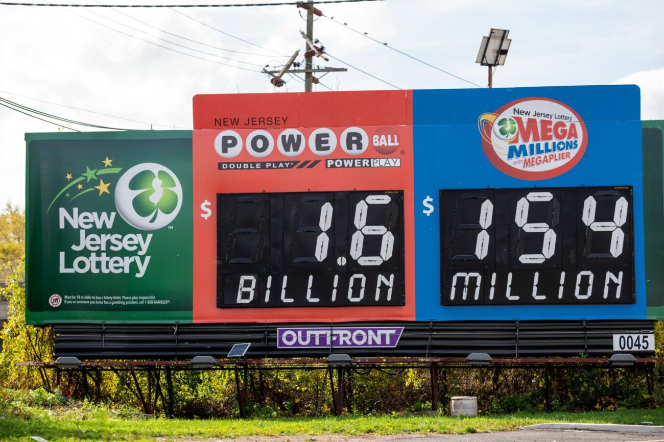 Powerball lottery, New Jersey Lottery logo on billboard, expiring prizes