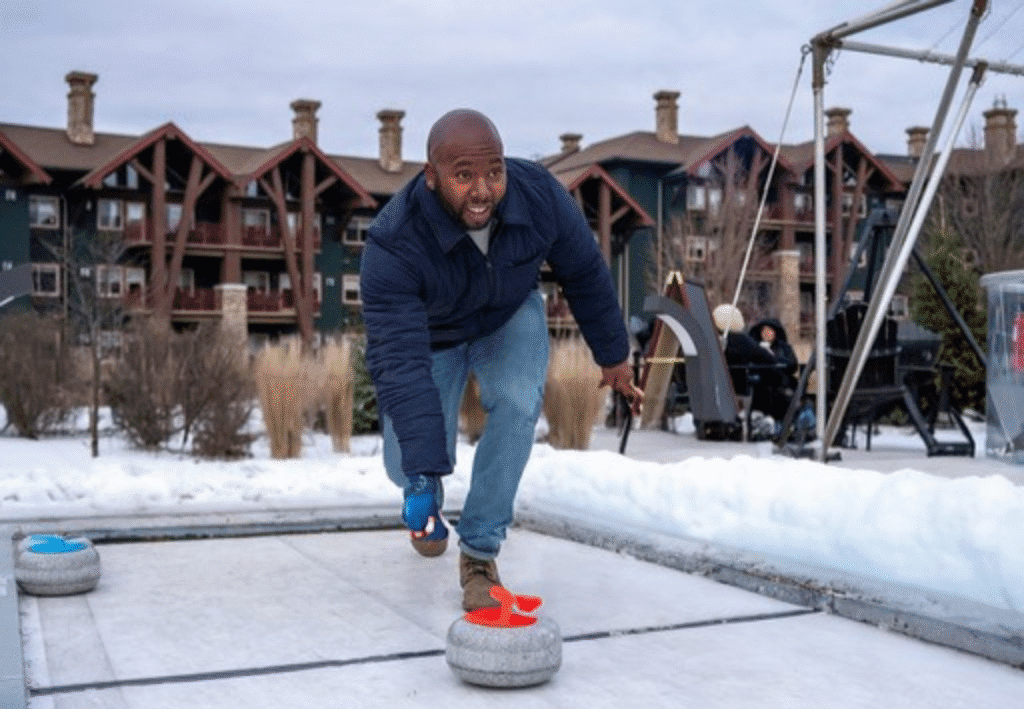 Crystal Springs winter activities, man curling