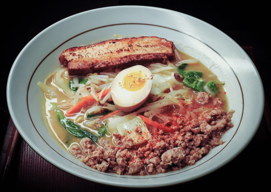 bowl of ramen with ground pork, egg, and pork belly
