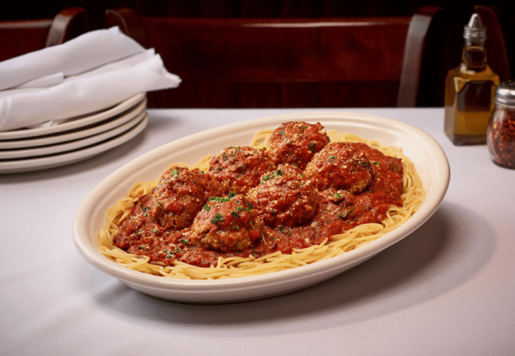 a plate of spaghetti and meatballs at Carmine's
