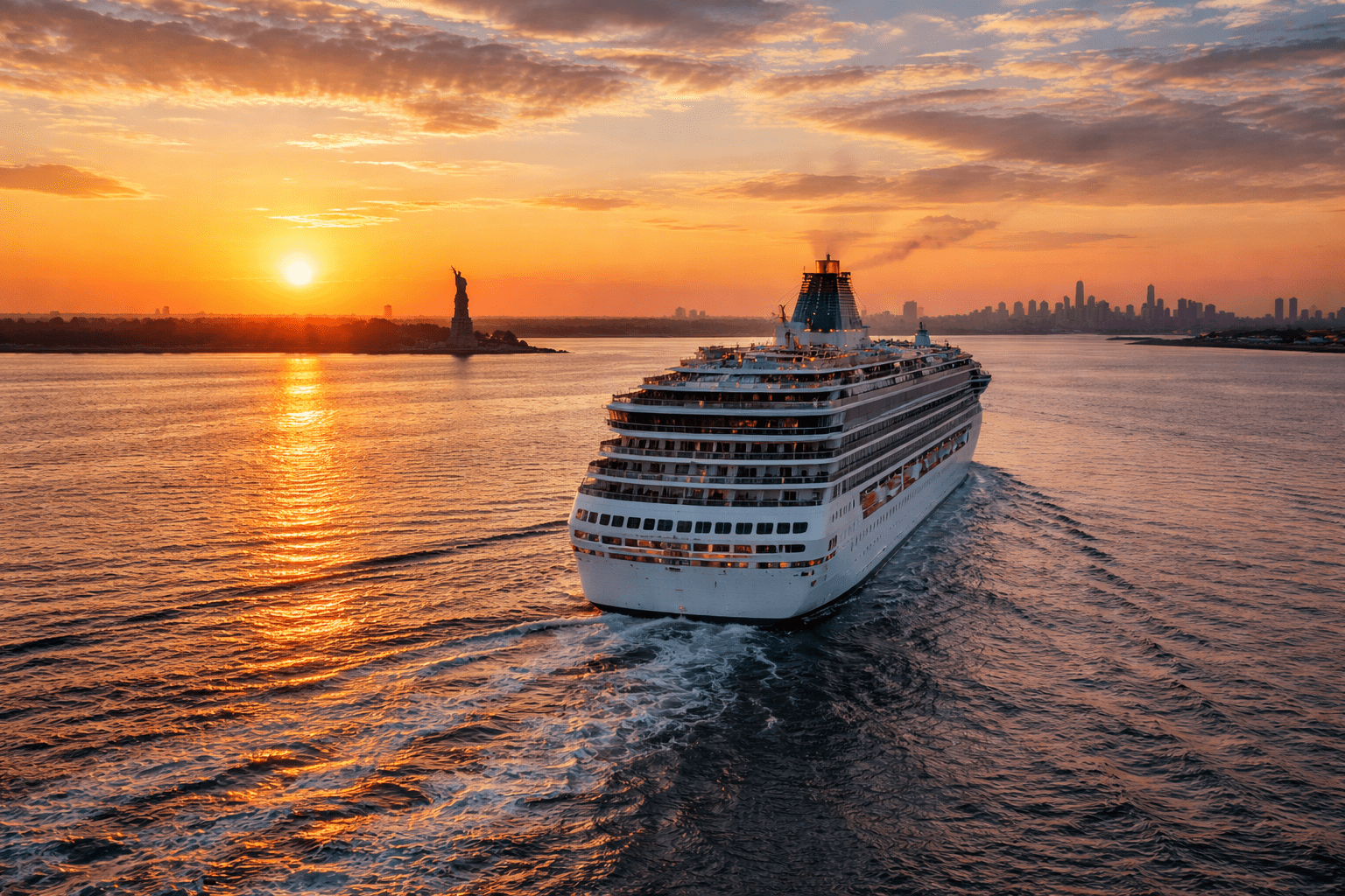 Cruise ship sailing from Cape Liberty Cruise Port in Bayonne, New Jersey at sunset, with the Statue of Liberty and Lower Manhattan skyline in the background.