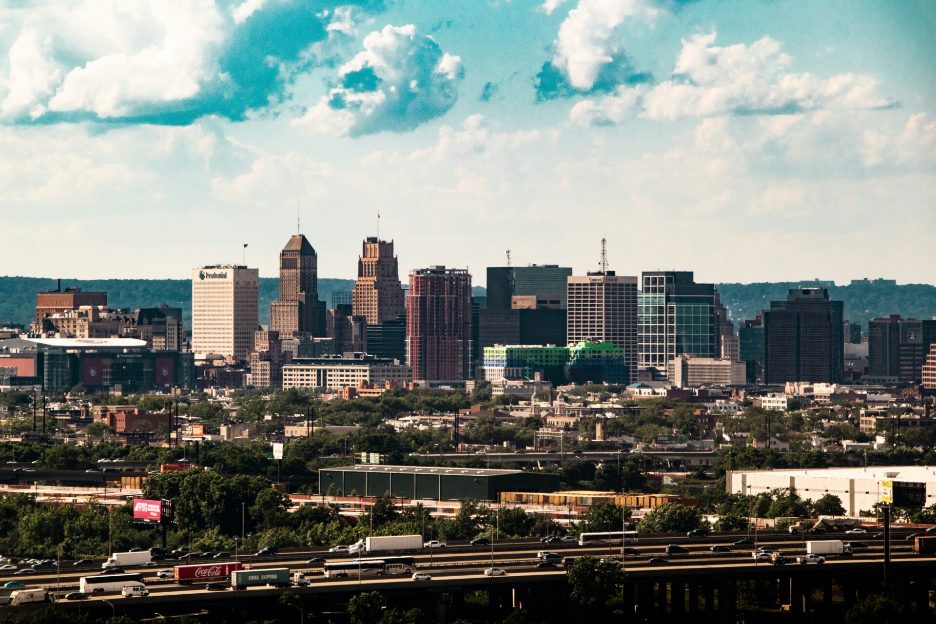 “New Jersey skyline with tall buildings representing urban growth, job creation, and economic development