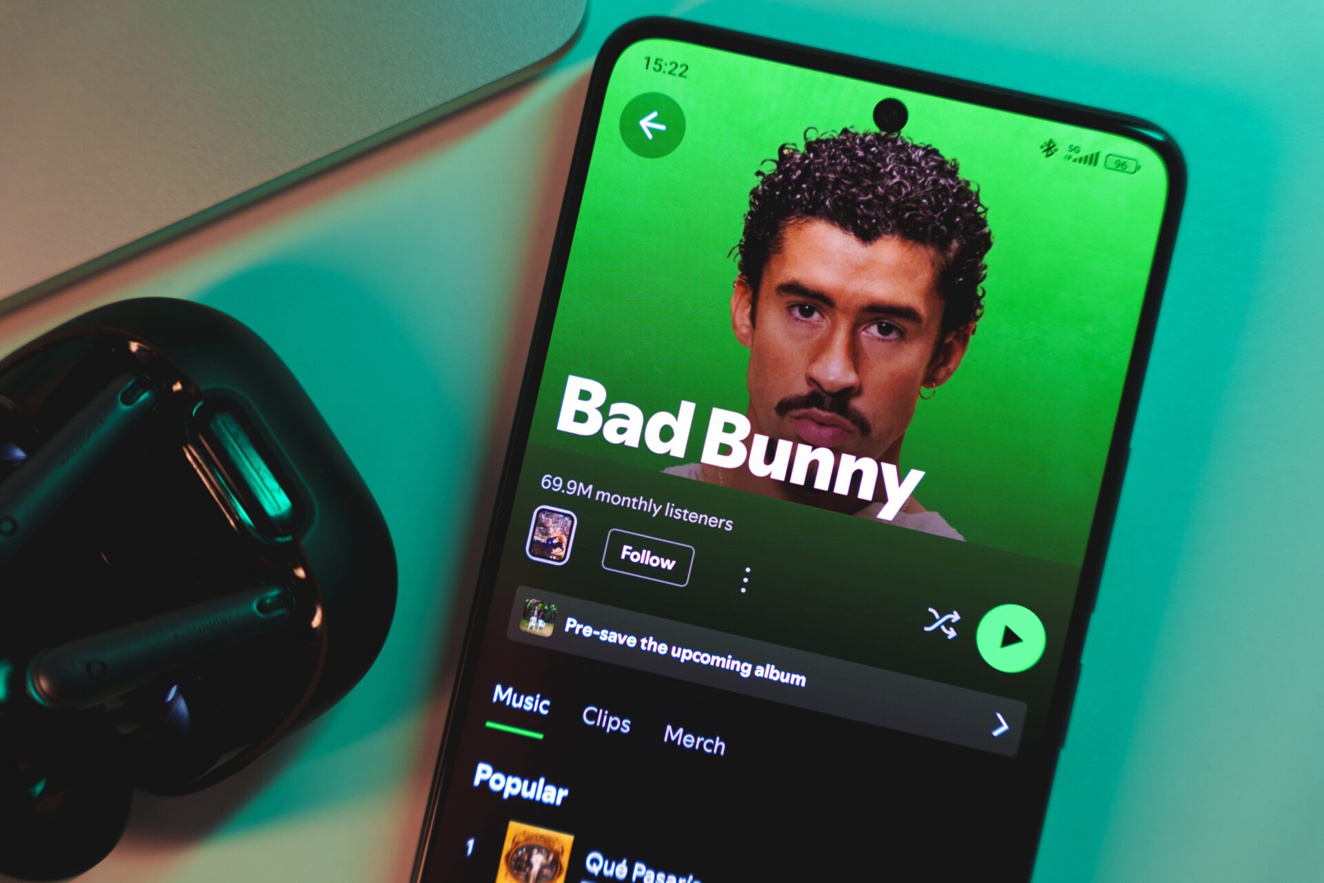 bad bunny Spotify profile on smartphone