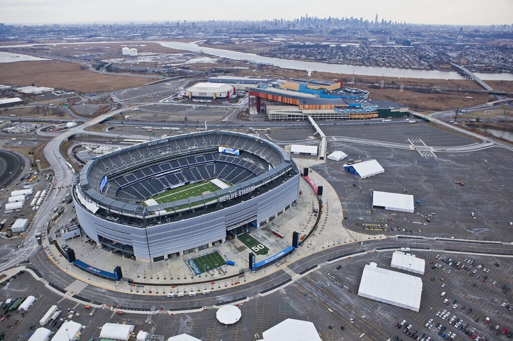 MetLife Stadium in East Rutherford, New Jersey, preparing to host FIFA World Cup 2026 matches including the final as hotel cancellations raise concerns