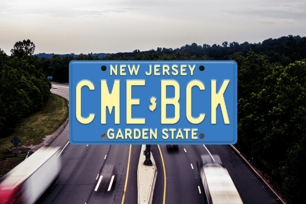 Current New Jersey yellow license plate on a highway as bill S-3265 seeks to bring back classic blue plates from the 1980s