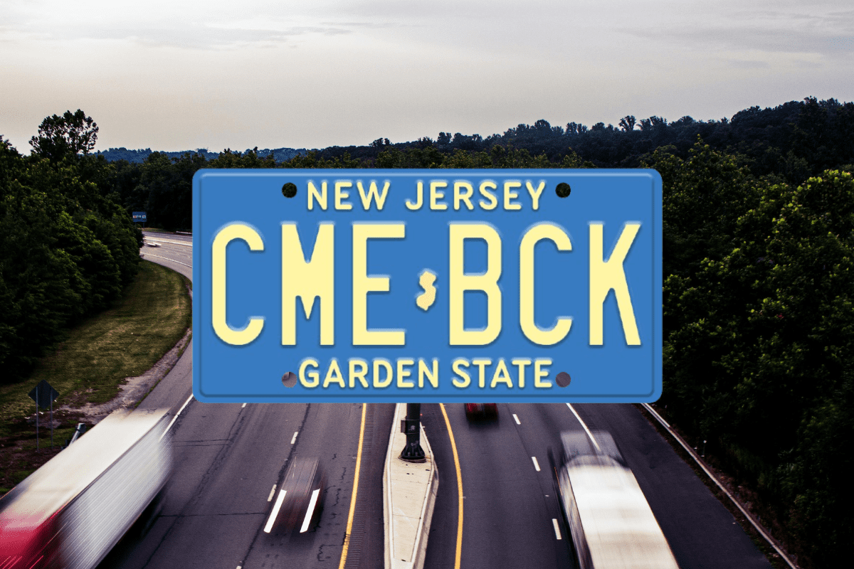 Current New Jersey yellow license plate on a highway as bill S-3265 seeks to bring back classic blue plates from the 1980s