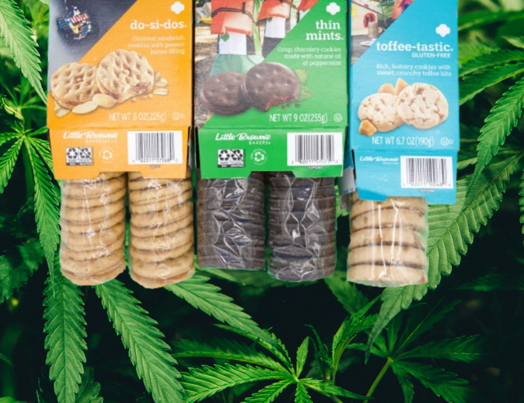 Girl Scout cookies displayed with cannabis leaves, referencing the viral marketing moment of Girl Scouts selling cookies outside a dispensary