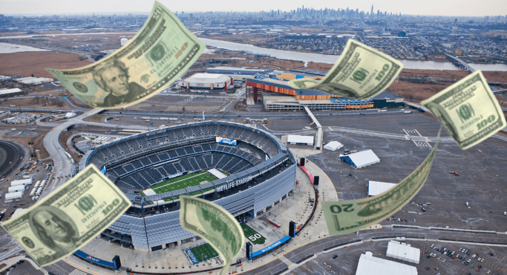 Aerial view of MetLife Stadium in New Jersey with dollar bills overlaid, representing rising costs and proposed taxes tied to the 2026 FIFA World Cup.
