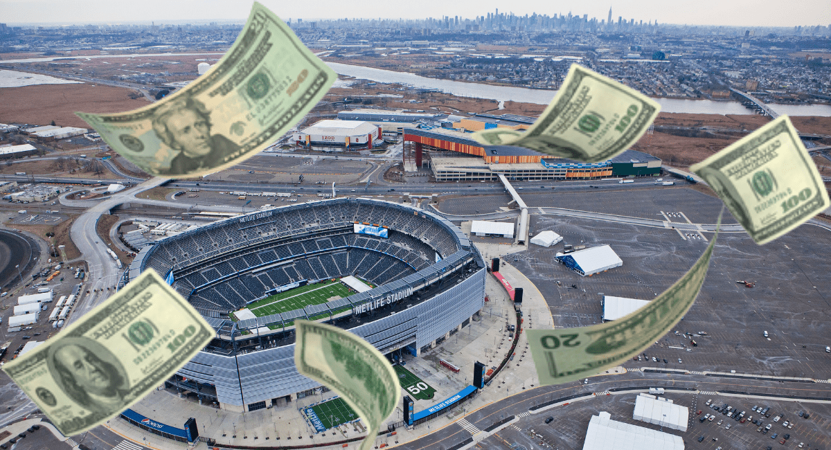 Aerial view of MetLife Stadium in New Jersey with dollar bills overlaid, representing rising costs and proposed taxes tied to the 2026 FIFA World Cup.
