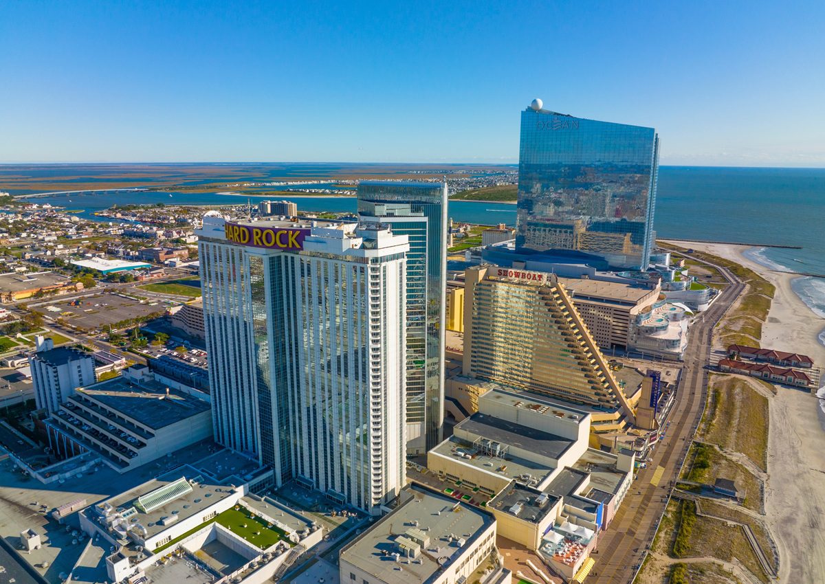 Atlantic City casino skyline with Hard Rock Hotel and Ocean Casino Resort along the Boardwalk