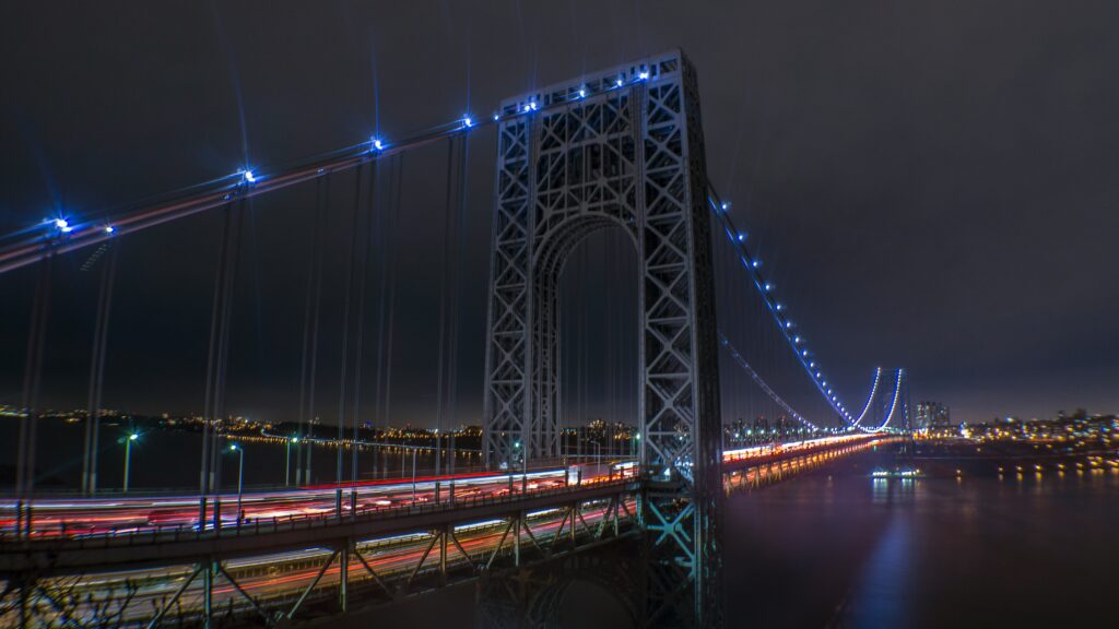 George Washington Bridge spanning Hudson River at night as mysterious booming noise plagues New Jersey towns across from Manhattan