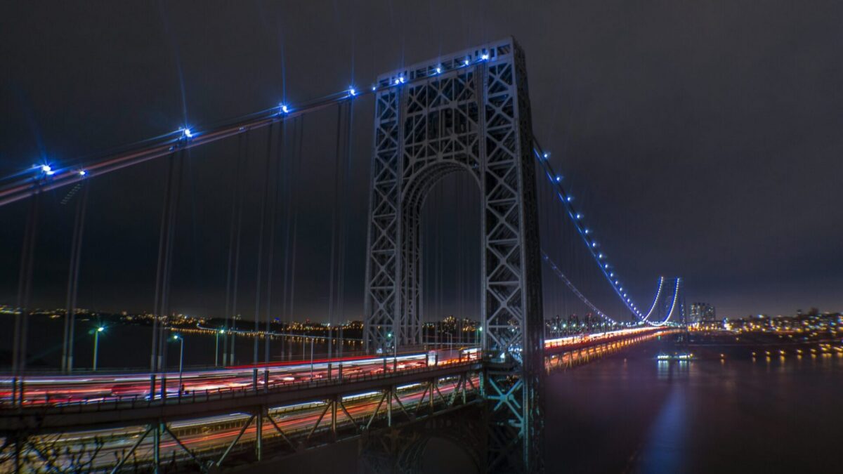 George Washington Bridge spanning Hudson River at night as mysterious booming noise plagues New Jersey towns across from Manhattan