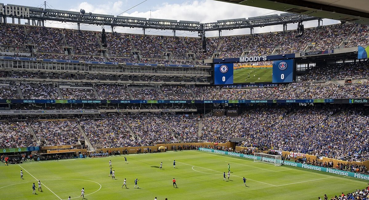 Crowd fills MetLife Stadium during a major soccer match in New Jersey