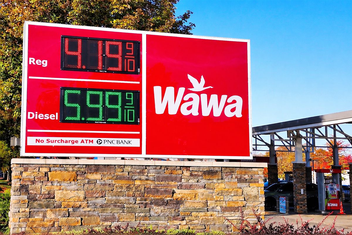 Gas prices above $4 per gallon displayed at a Wawa station in New Jersey