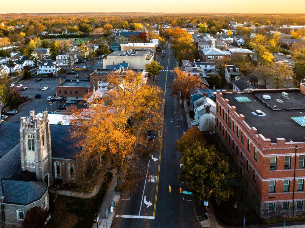 Aerial view of Princeton, New Jersey showing historic neighborhoods and town center, as community debates affordable housing development