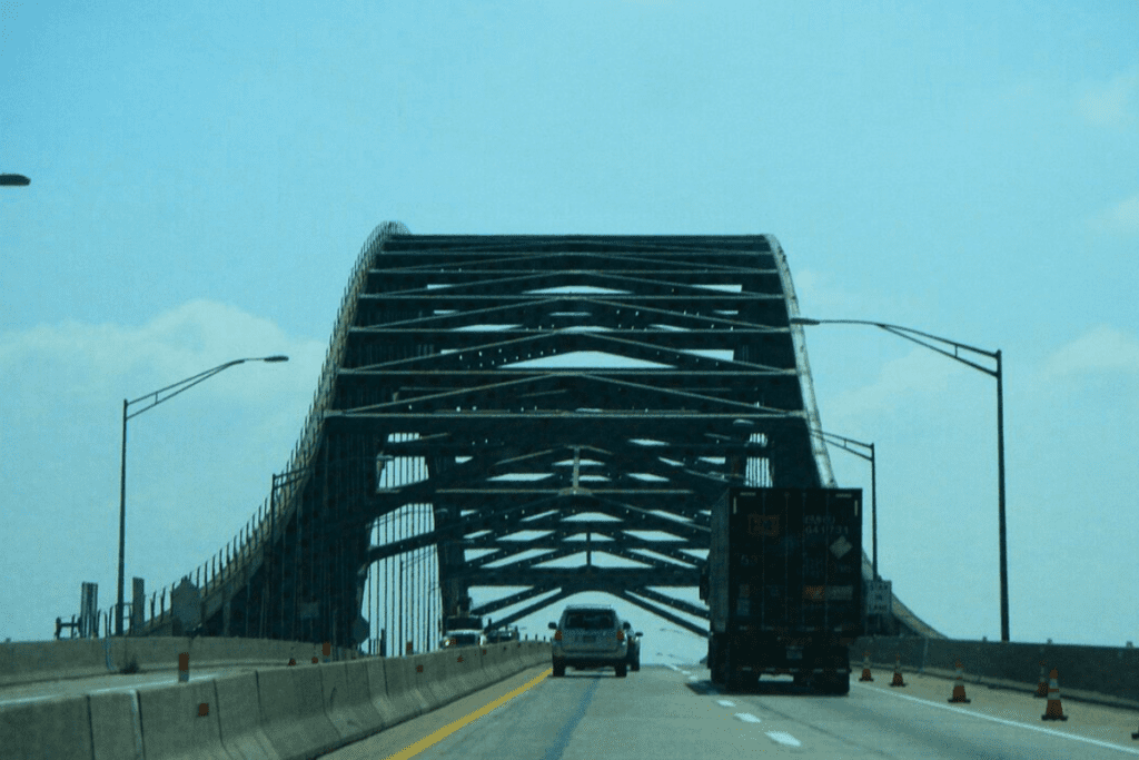 Driving across the Delaware River Bridge connecting New Jersey and Pennsylvania