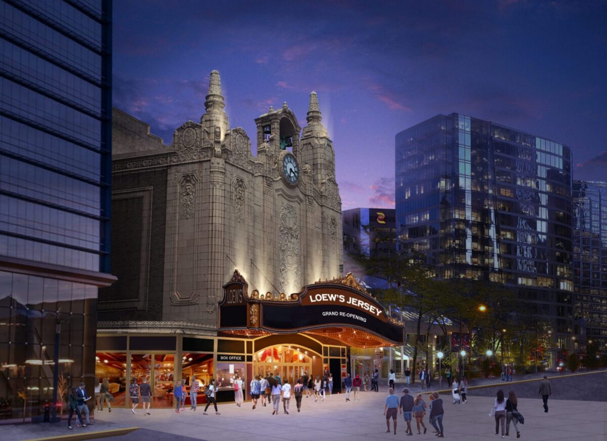 Architectural rendering of the restored Loew's Jersey Theatre exterior at night in Jersey City, New Jersey