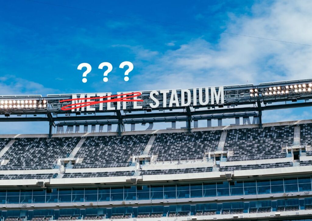 MetLife Stadium sign with MetLife crossed out ahead of the 2026 FIFA World Cup name change