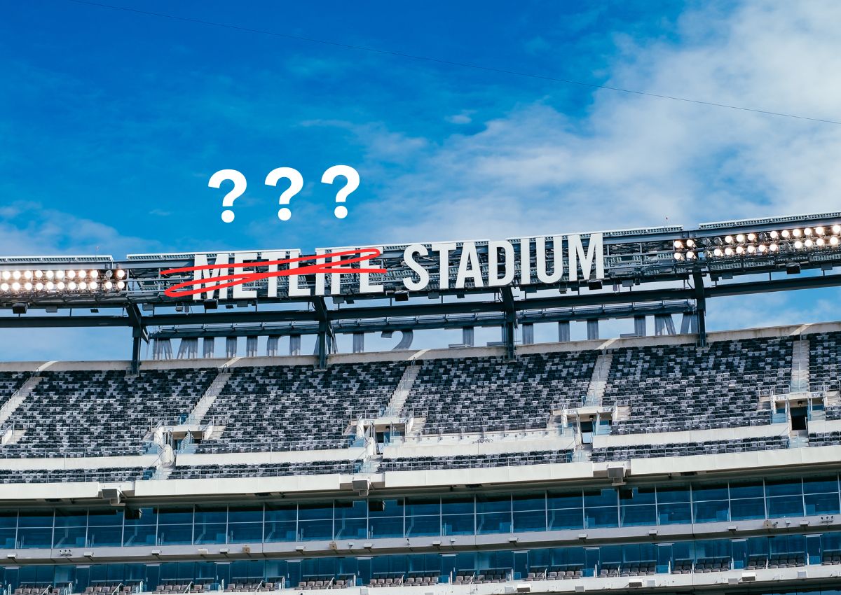 MetLife Stadium sign with MetLife crossed out ahead of the 2026 FIFA World Cup name change