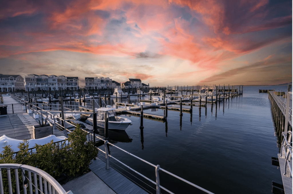 Marina at sunset at One Willow restaurant in Highlands, New Jersey