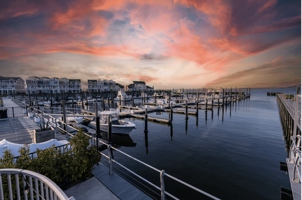 Marina at sunset at One Willow restaurant in Highlands, New Jersey