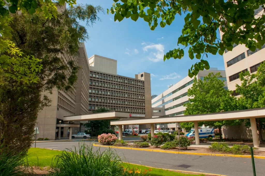 Exterior of University Hospital in Newark, New Jersey, home to the state's first mental health crisis stabilization center